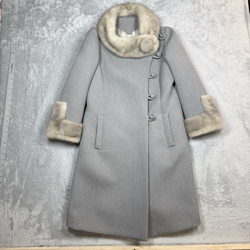 Vintage Ilene Coat Womens M Gray Wool Fox Fur Trim Elegant Classic Retro Jacky O